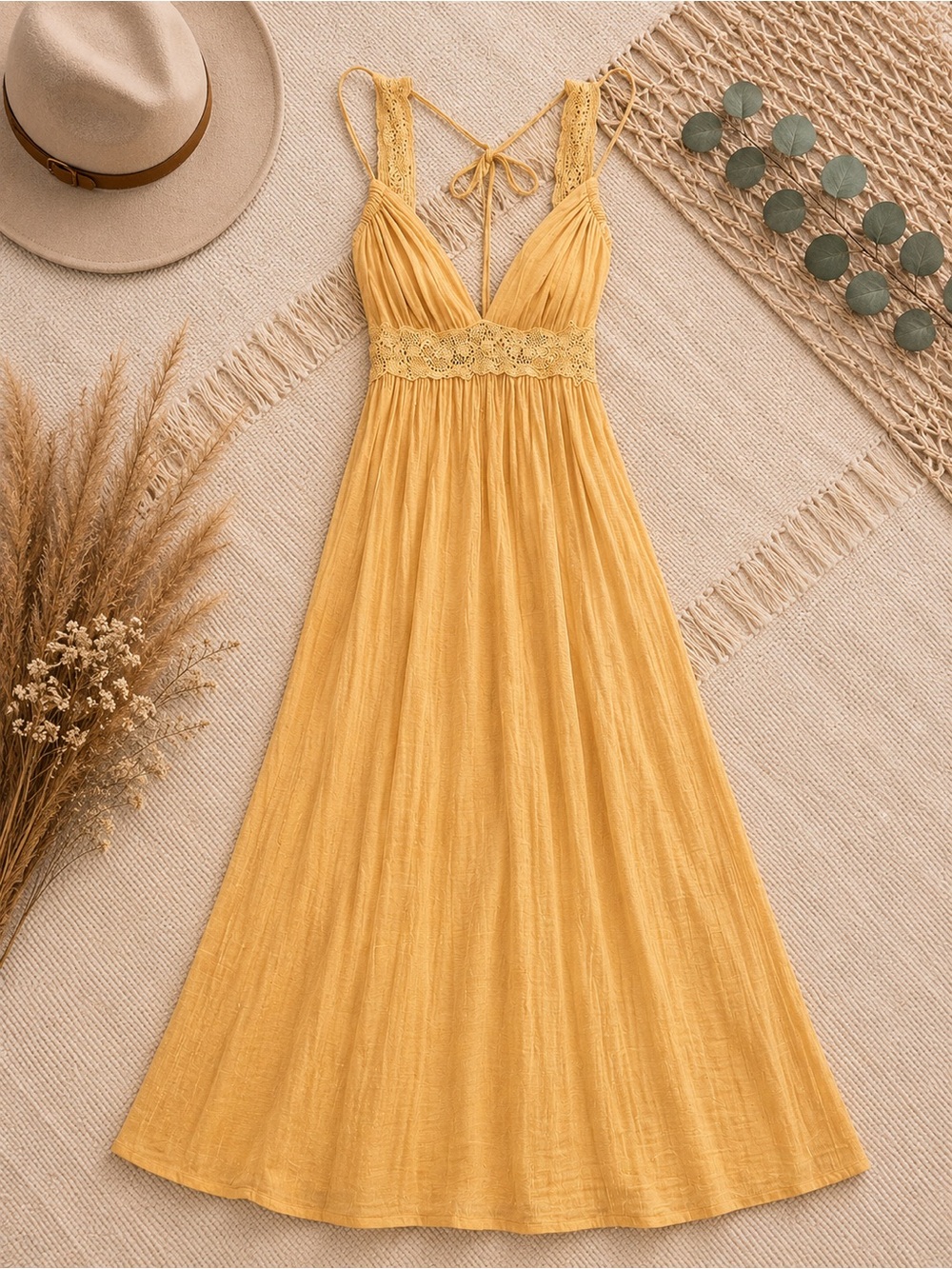 Women’s Yellow Crochet Lace-Trim Maxi Dress